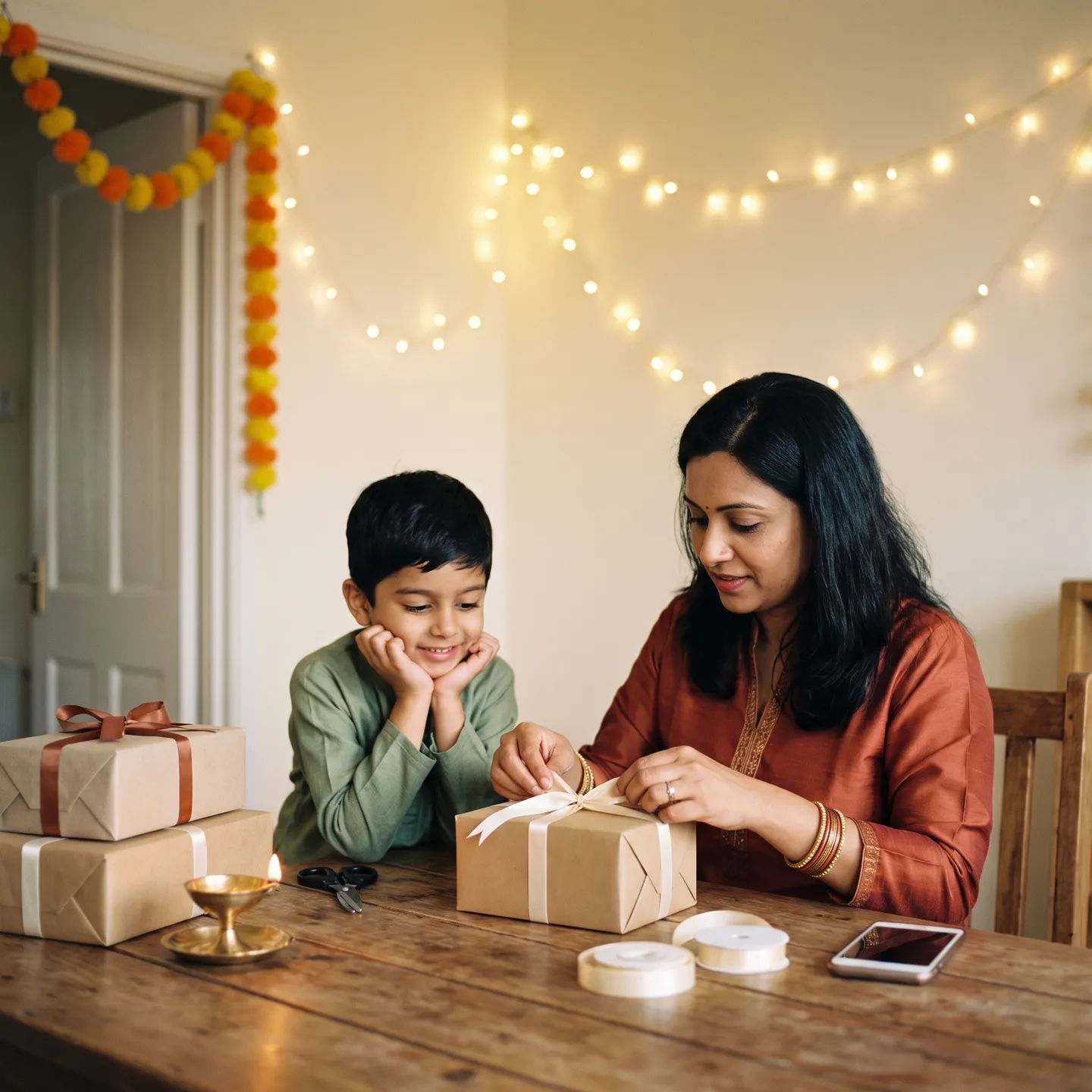 A mother and son wrapping festival gifts under fairy lights
