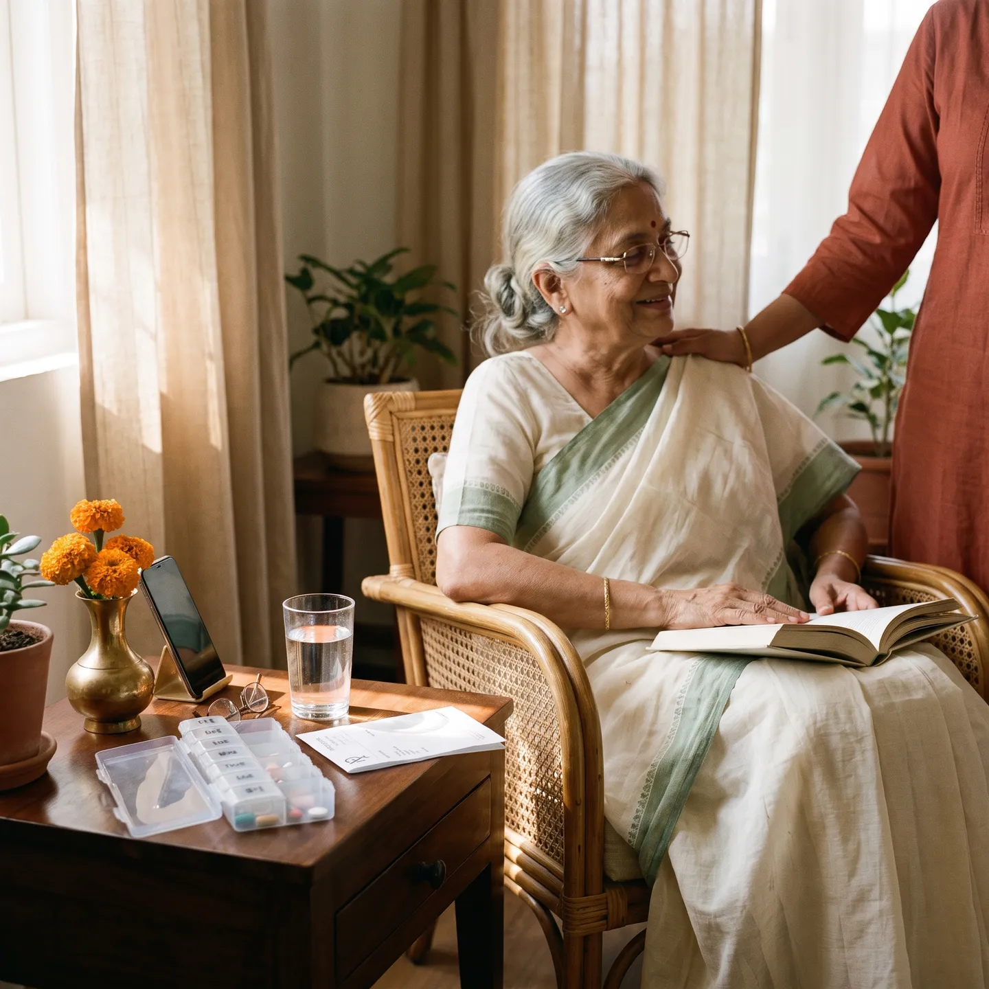 A grandmother reading beside her organized weekly medicines