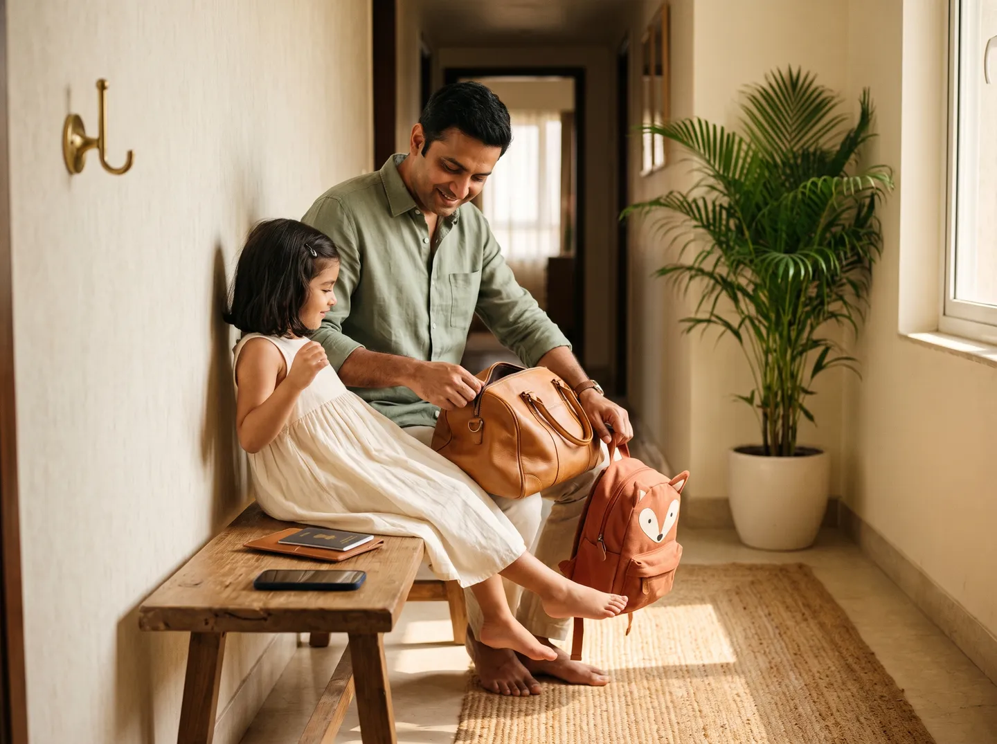 A father helping his daughter pack her school backpack in the hallway