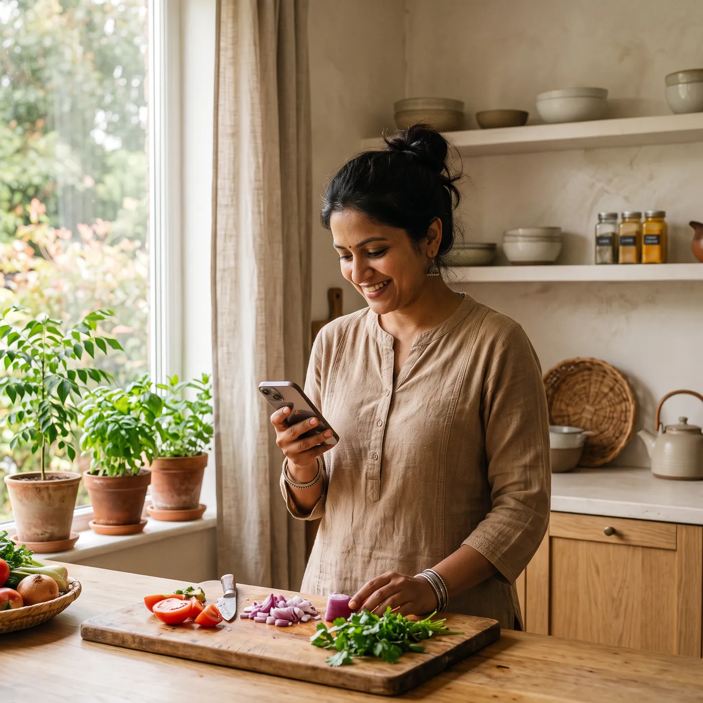 A mother checking her phone while cooking in a sunlit kitchen