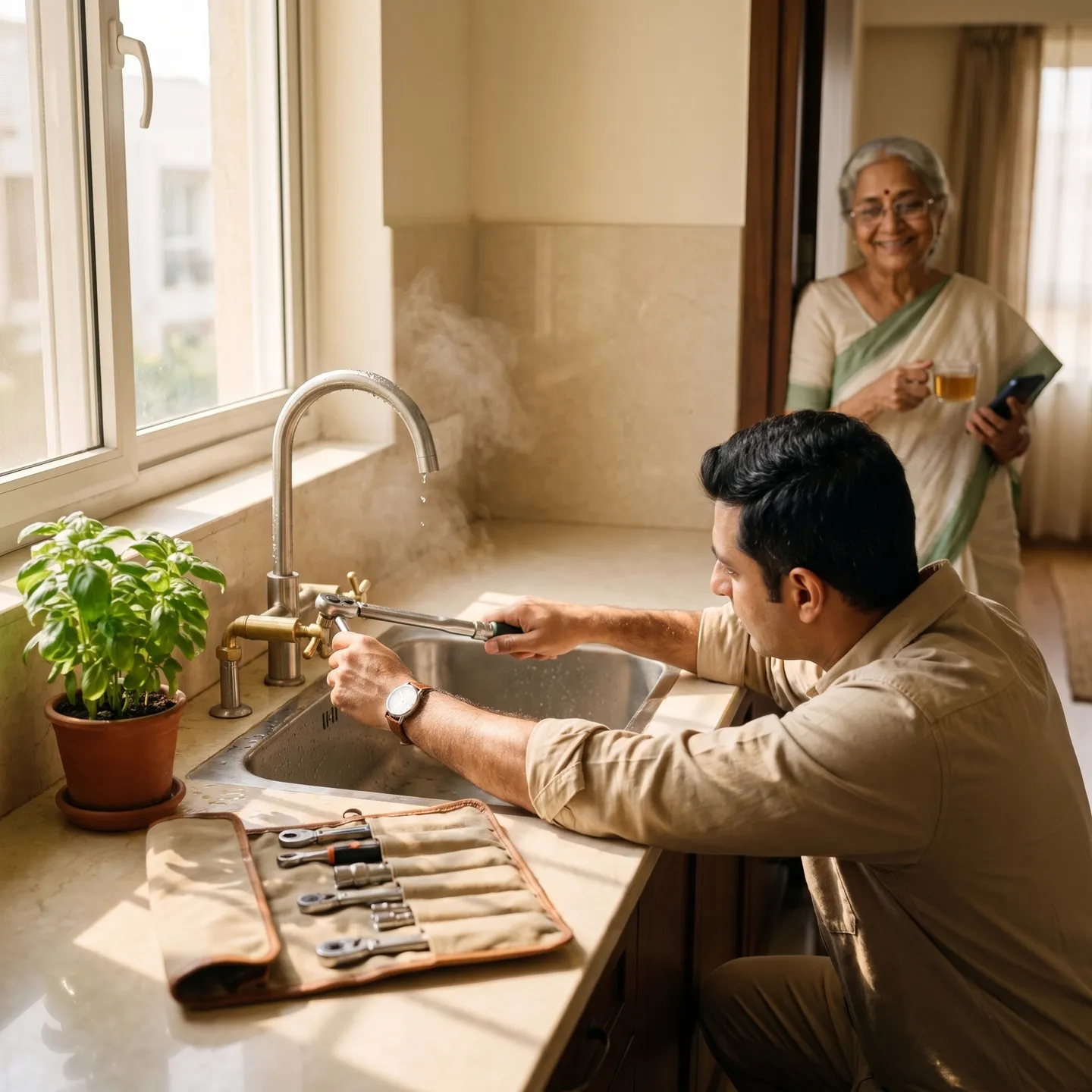 A plumber fixing the kitchen tap while the family relaxes