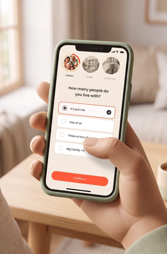 A hand holding a phone through Hulp onboarding, choosing how many people live at home