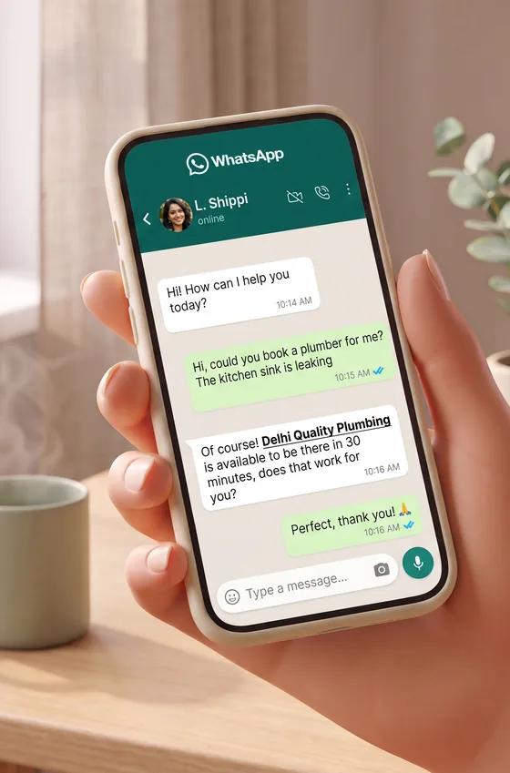 A hand holding a phone with a WhatsApp chat asking Hulp to book a plumber