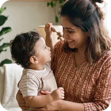A mother playing with her young son at home