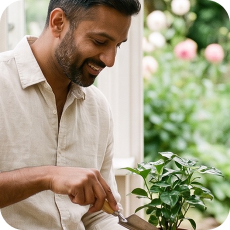 A man tending plants in his garden