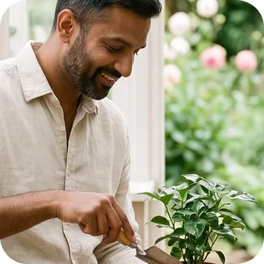A man tending plants in his garden